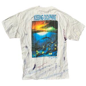 1990 Wyland Studios Kissing Dolphins Men's T-Shirt Hand Signed Painted Large VTG